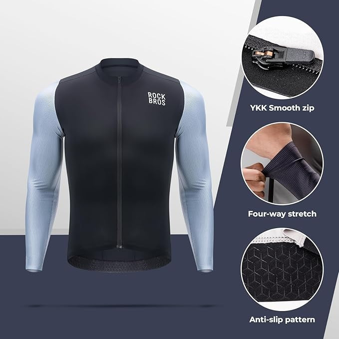 ROCKBROS Tricou pentru ciclism cu mânecă lungă Tricou pentru bărbați, respirabil, cu uscare rapidă, pentru ciclism, cu fermoar, cu 3 buzunare, tricou pentru bărbați, bicicletă de drum, MTB, mărime europeană