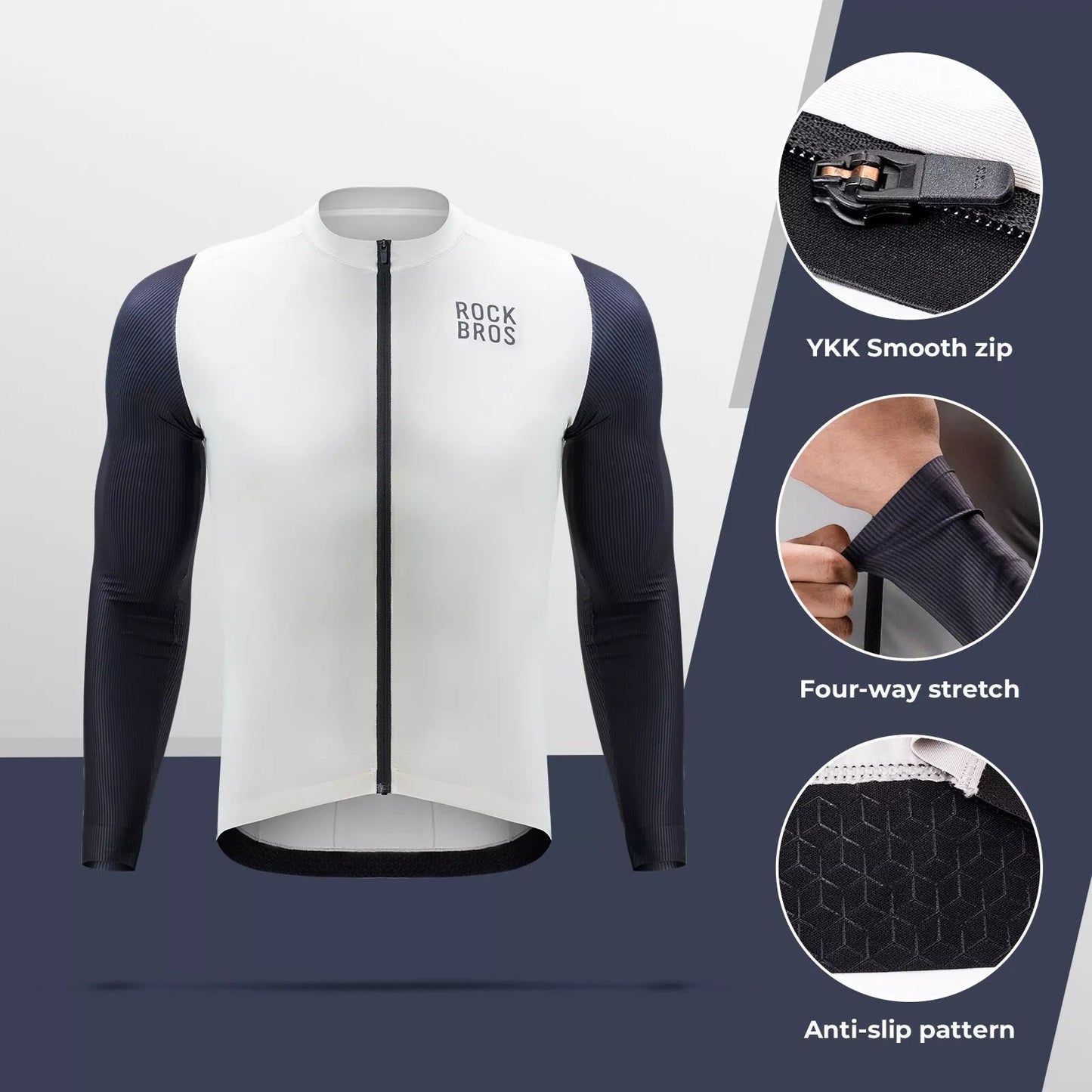 ROCKBROS Tricou pentru ciclism cu mânecă lungă Tricou pentru bărbați, respirabil, cu uscare rapidă, pentru ciclism, cu fermoar, cu 3 buzunare, tricou pentru bărbați, bicicletă de drum, MTB, mărime europeană