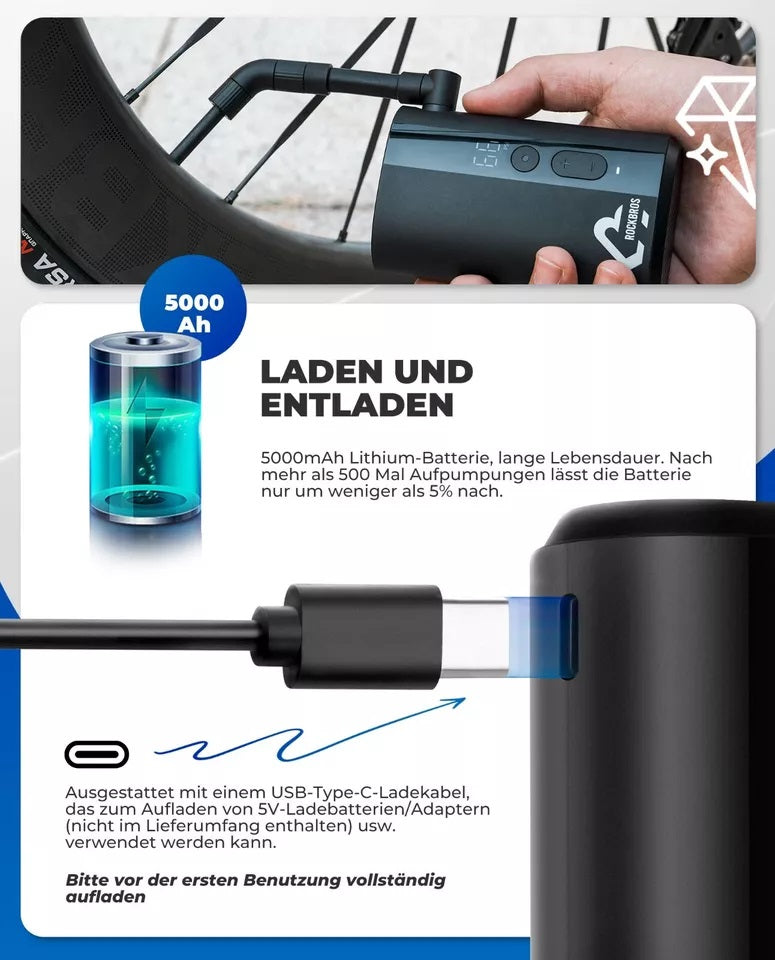 ROCKBROS Pompa pentru bicicleta Pompa portabila Pompa electrica de aer 5000mAh 150PSI 380g