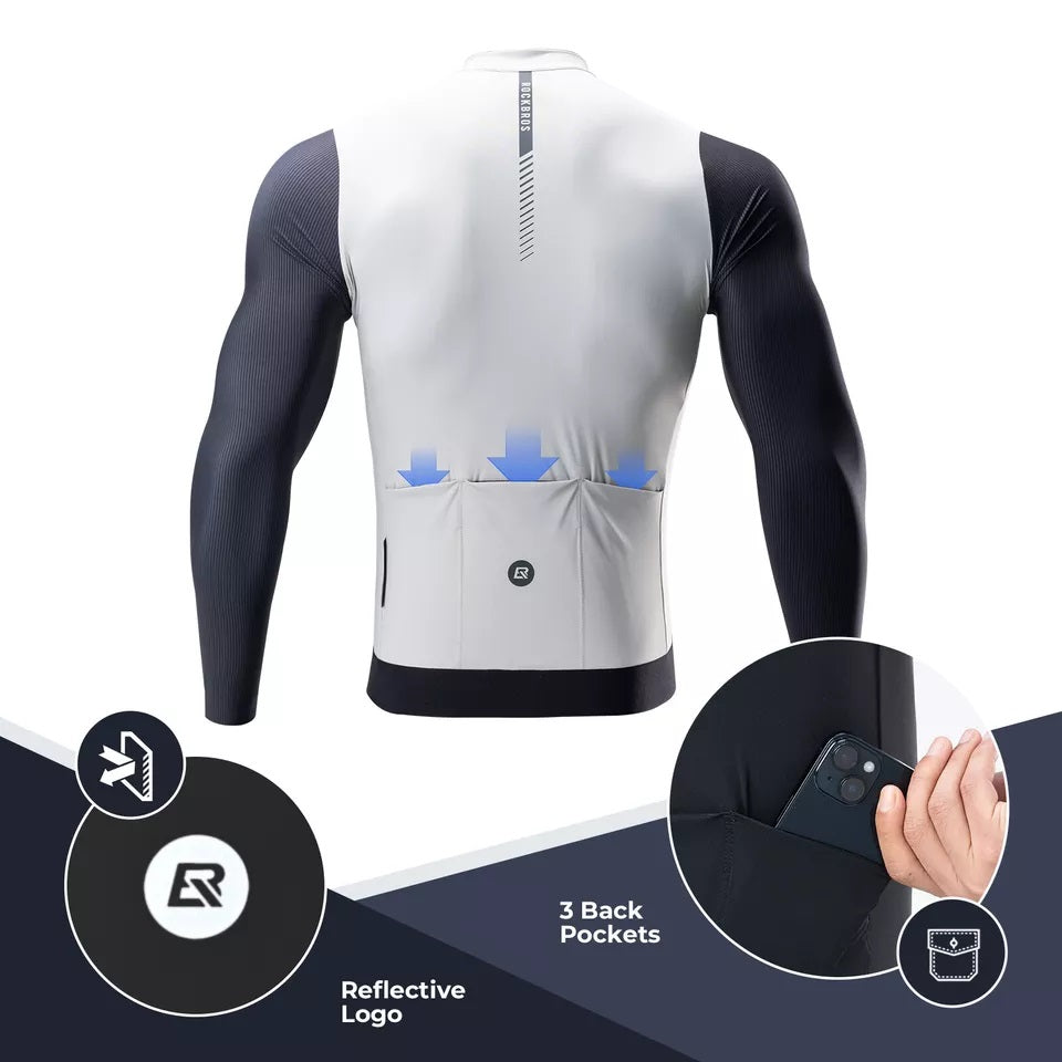 ROCKBROS Tricou pentru ciclism cu mânecă lungă Tricou pentru bărbați, respirabil, cu uscare rapidă, pentru ciclism, cu fermoar, cu 3 buzunare, tricou pentru bărbați, bicicletă de drum, MTB, mărime europeană