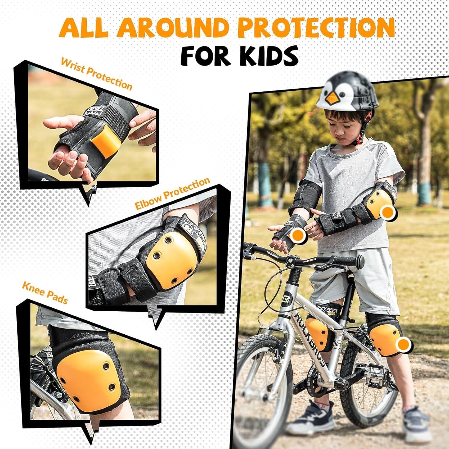 ROCKBROS genunchiere pentru copii 6 în 1 set de protecție pentru patine genunchiere în linie pentru încheietura mâinii și coate pentru bicicletă sport skateboard pentru fete și băieți