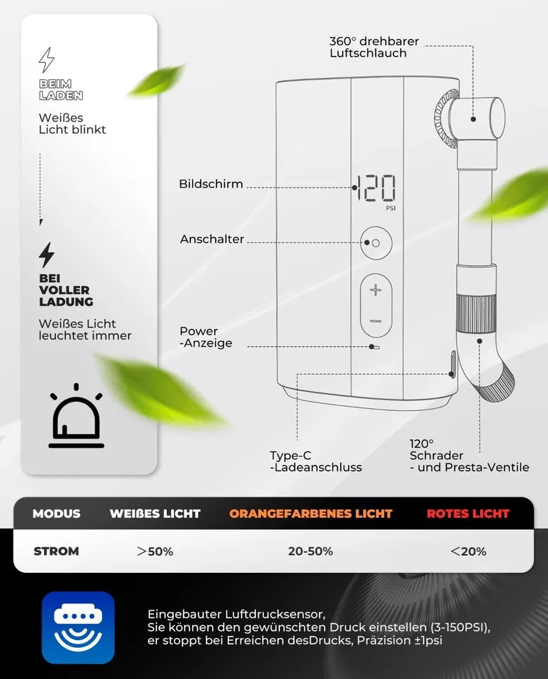 ROCKBROS Pompa pentru bicicleta Pompa portabila Pompa electrica de aer 5000mAh 150PSI 380g