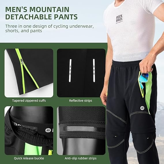 Pantaloni de ciclism ROCKBROS, pantaloni sport cu două straturi, detașabili, pantaloni lungi de ciclism cu căptușeală pentru scaun, pantaloni căptușiți pentru bicicletă, bicicletă de drum MTB respirabilă pentru bărbați