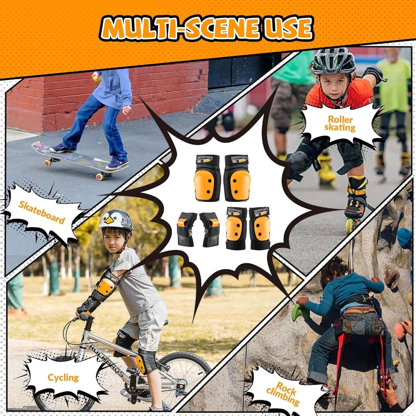 ROCKBROS genunchiere pentru copii 6 în 1 set de protecție pentru patine genunchiere în linie pentru încheietura mâinii și coate pentru bicicletă sport skateboard pentru fete și băieți