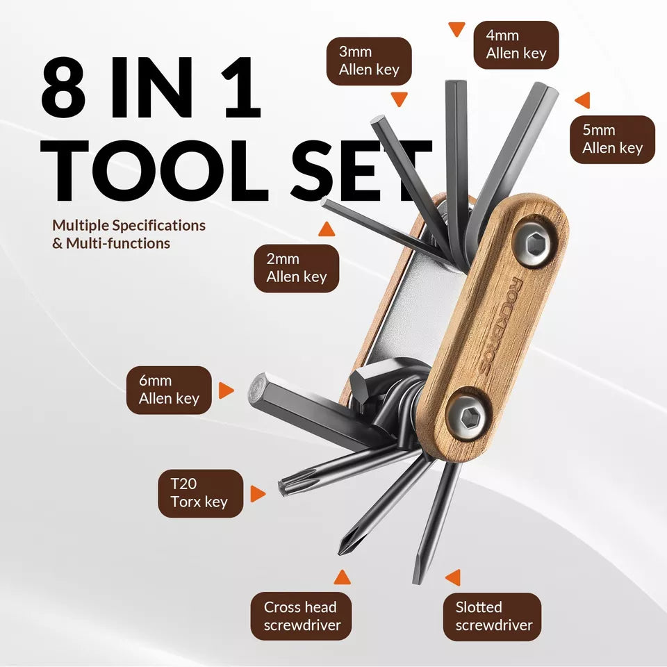 Instrument de reparare a bicicletei ROCKBROS 8 în 1 Instrument multifuncțional din lemn din oțel inoxidabil