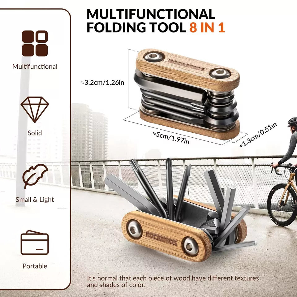 Instrument de reparare a bicicletei ROCKBROS 8 în 1 Instrument multifuncțional din lemn din oțel inoxidabil