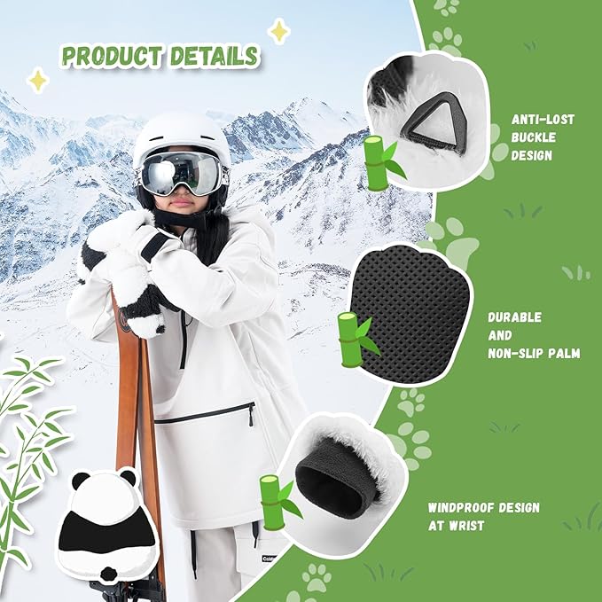 Mănuși de schi Qunature Mănuși de design Panda pentru copii cu vârste între 4-12 Mănuși termice și rezistente la vânt, ideale pentru activități de iarnă, cum ar fi schi, snowboard, patinaj pe gheață