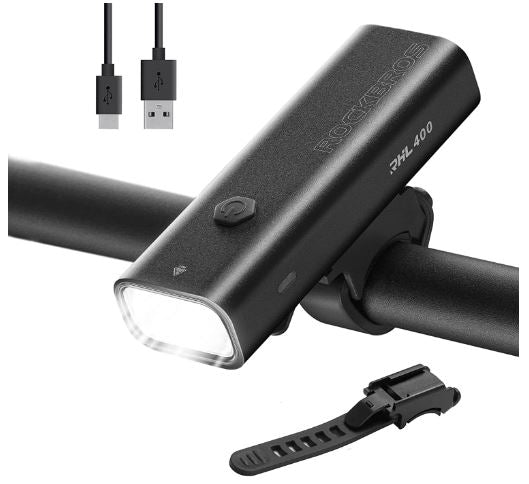 ROCKBROS Lumină frontală cu LED pentru bicicletă, reîncărcabilă prin USB, 400 lumeni, impermeabilă, IPX6, cu 4 moduri fixe și intermitente pentru bicicleta de munte și bicicleta de drum