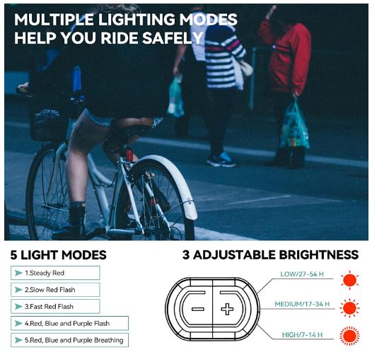 ROCKBROS Lampă spată pentru bicicletă LED, impermeabilă IPX6, reîncărcabilă prin USB, lumină de frână inteligentă Lumină roșie strălucitoare cu 5 moduri fixe și intermitent