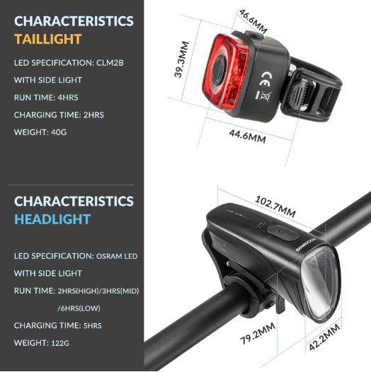 Set de lumini pentru biciclete ROCKBROS 200M iluminare StVZO lampa spate LED IPX5 pentru biciclete