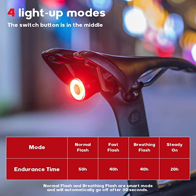 ROCKBROS Lumină spată inteligentă reîncărcabilă pentru bicicletă 60 lumeni 4 moduri IP65 rezistentă la apă cu pornire automată