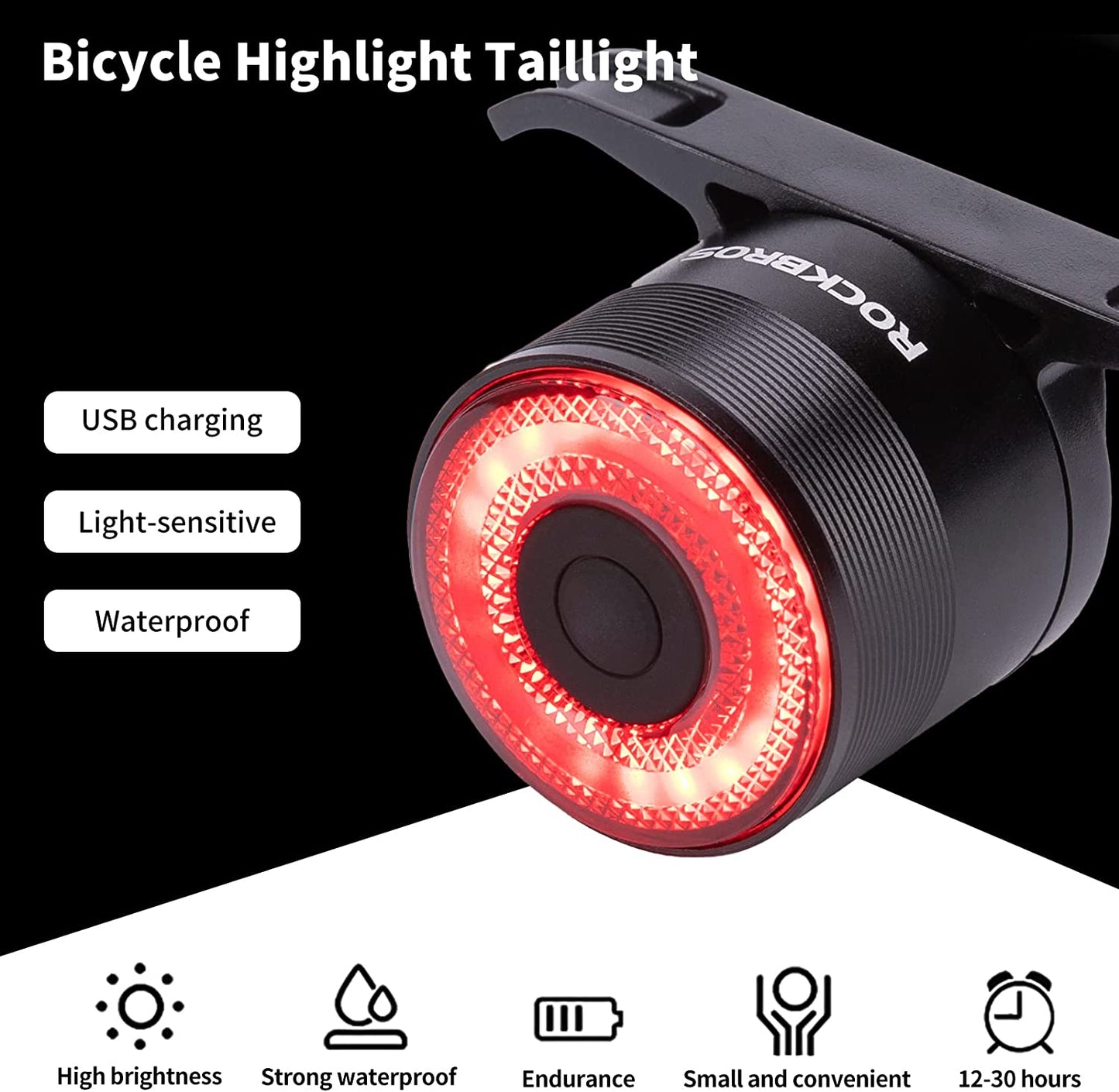 ROCKBROS Lampă spate inteligentă reîncărcabilă pentru bicicletă 4 moduri IPX6 Rezistent la apă