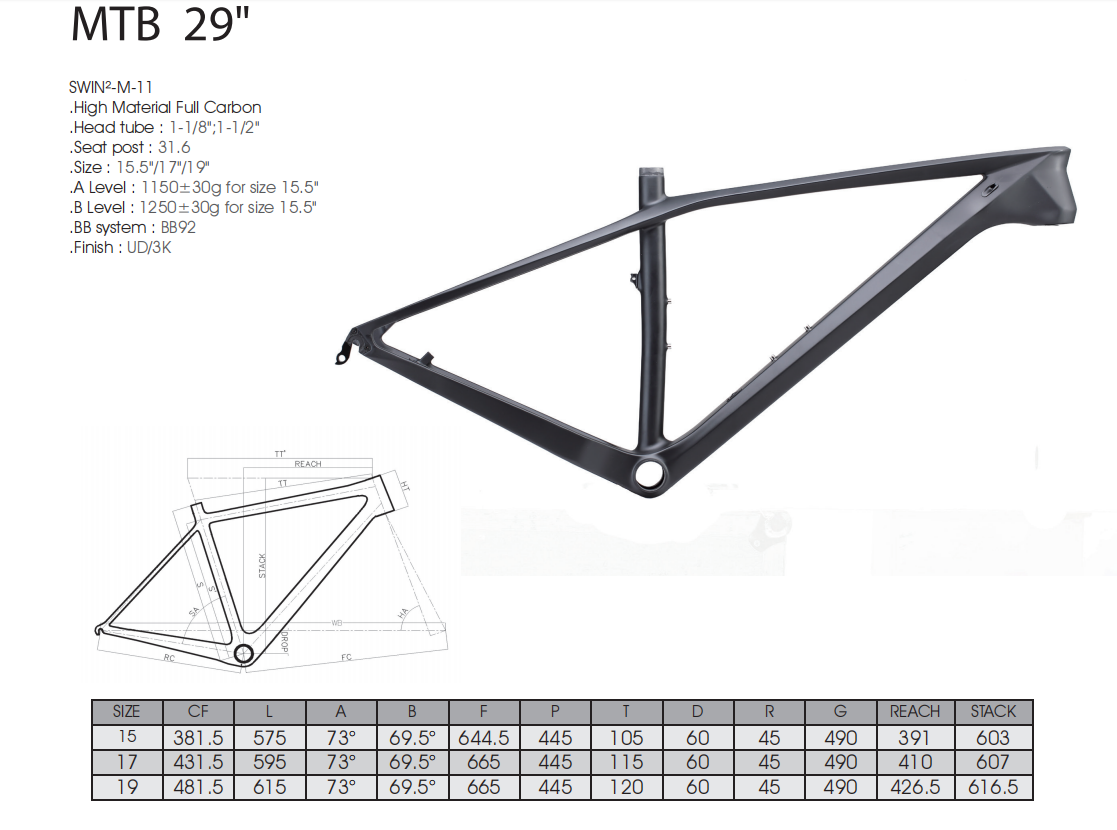 Cadru de bicicletă din carbon RINOS T800 pentru MTB hardtail ușor